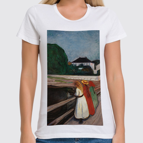 Заказать женскую футболку в Москве. Футболка классическая Девушки на мосту (картина Эдварда Мунка) от trend - готовые дизайны и нанесение принтов.