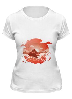 Заказать женскую футболку в Москве. Футболка классическая Красный рассвет над горами от goljakovai@mail.ru - готовые дизайны и нанесение принтов.