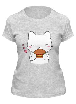 Заказать женскую футболку в Москве. Футболка классическая Кошка ест бургер от hideo_kojima - готовые дизайны и нанесение принтов.