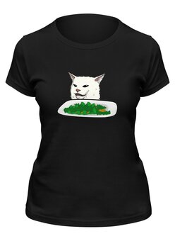Заказать женскую футболку в Москве. Футболка классическая Озадаченный кот от DESIGNER   - готовые дизайны и нанесение принтов.