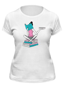 Заказать женскую футболку в Москве. Футболка классическая Девушка с книгами от Inna Kirichenko - готовые дизайны и нанесение принтов.
