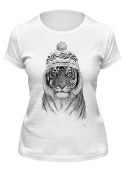Заказать женскую футболку в Москве. Футболка классическая Тигр в шапке от printik - готовые дизайны и нанесение принтов.