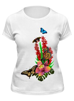 Заказать женскую футболку в Москве. Футболка классическая Тропические бабочки в цветах. от Zorgo-Art  - готовые дизайны и нанесение принтов.