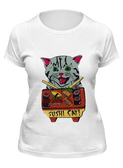 Заказать женскую футболку в Москве. Футболка классическая кот суши от cherdantcev - готовые дизайны и нанесение принтов.
