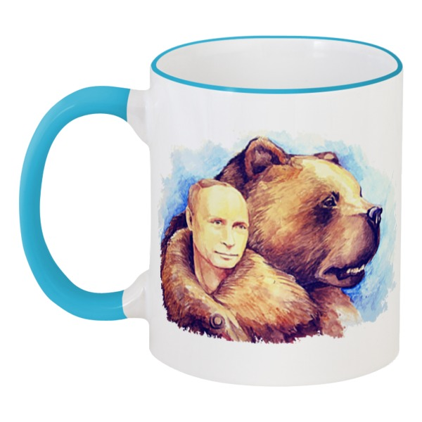 Printio Кружка с цветной ручкой и ободком Путин и российский медведь именная новогодняя кружка