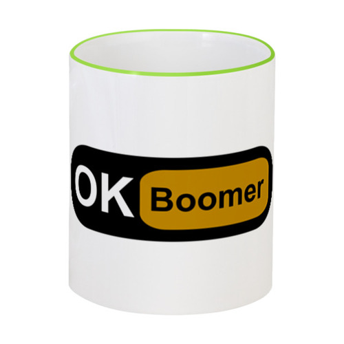 Заказать кружку в Москве. Кружка с цветной ручкой и ободком Ok Boomer от DESIGNER   - готовые дизайны и нанесение принтов.