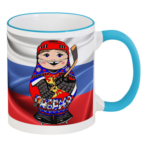 Заказать кружку в Москве. Кружка с цветной ручкой и ободком Матрешка - хоккеист от theirenemen - готовые дизайны и нанесение принтов.