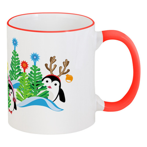 Заказать кружку в Москве. Кружка с цветной ручкой и ободком Дед Мороз и пингвины от IrinkaArt  - готовые дизайны и нанесение принтов.
