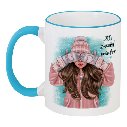 Заказать кружку в Москве. Кружка с цветной ручкой и ободком My lovely winter❄️ Брюнетка от @kristy_art_k  - готовые дизайны и нанесение принтов.