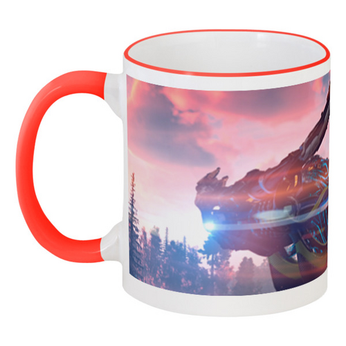 Заказать кружку в Москве. Кружка с цветной ручкой и ободком Horizon Zero Dawn от GeekFox  - готовые дизайны и нанесение принтов.