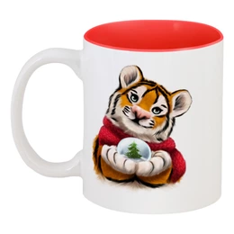 Заказать кружку в Москве. Кружка цветная внутри Тигр со снежным шаром от tigerda  - готовые дизайны и нанесение принтов.