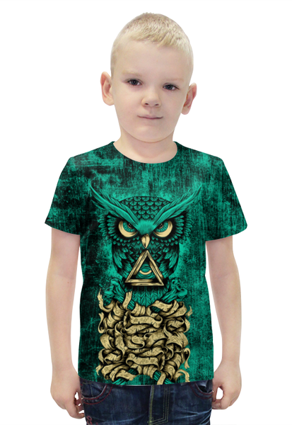 Заказать детскую футболку в Москве. Футболка с полной запечаткой для мальчиков Сова с треугольником от inPrintio - готовые дизайны и нанесение принтов.