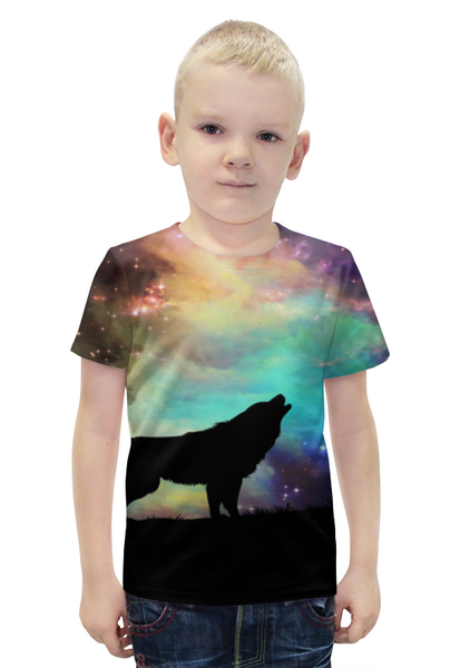 Заказать детскую футболку в Москве. Футболка с полной запечаткой для мальчиков Космический Волк от  PRO_DESIGN - готовые дизайны и нанесение принтов.