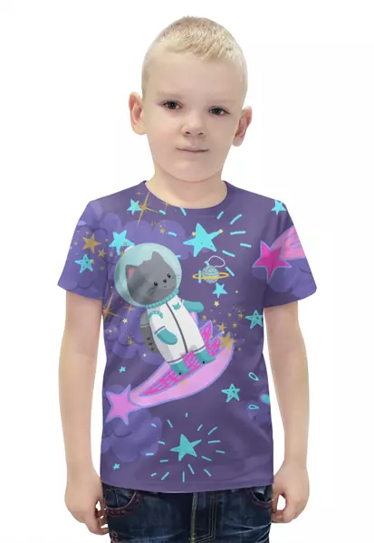 Заказать детскую футболку в Москве. Футболка с полной запечаткой для мальчиков футболка детская кот в космосе от pahomova.anya2017@yandex.ru - готовые дизайны и нанесение принтов.