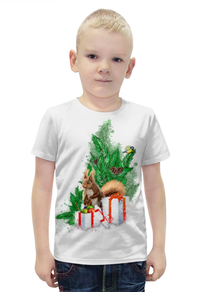 Заказать детскую футболку в Москве. Футболка с полной запечаткой для мальчиков Белочка с подарками под елкой. от Zorgo-Art  - готовые дизайны и нанесение принтов.