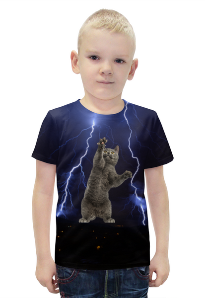 Заказать детскую футболку в Москве. Футболка с полной запечаткой для мальчиков Кот и молния от THE_NISE  - готовые дизайны и нанесение принтов.