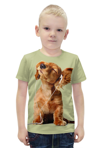 Заказать детскую футболку в Москве. Футболка с полной запечаткой для мальчиков Собака меломан от ПРИНТЫ ПЕЧАТЬ  - готовые дизайны и нанесение принтов.
