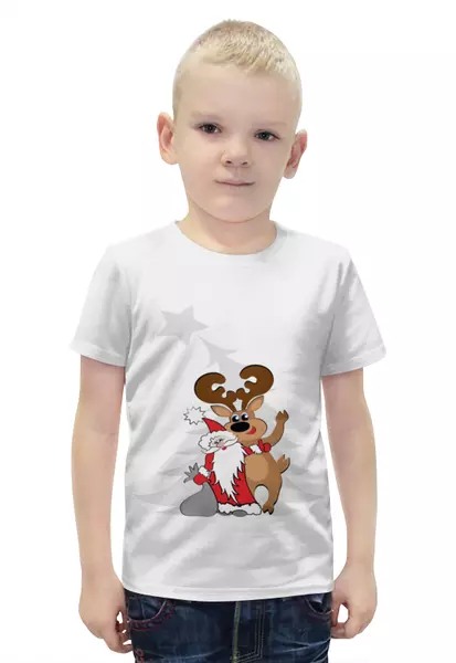 Заказать детскую футболку в Москве. Футболка с полной запечаткой для мальчиков Новый год - Дед мороз с оленем от p_i_r_a_n_y_a  - готовые дизайны и нанесение принтов.