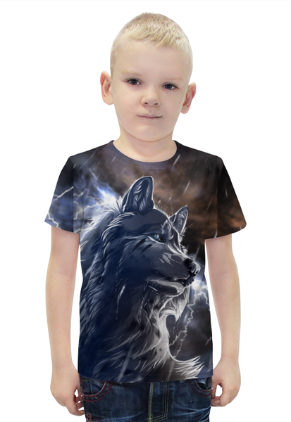 Заказать детскую футболку в Москве. Футболка с полной запечаткой для мальчиков Волк и молнии от galaxy secret - готовые дизайны и нанесение принтов.