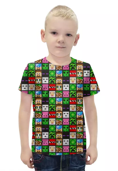 Заказать детскую футболку в Москве. Футболка с полной запечаткой для мальчиков Minecraft персонажи игры от weeert - готовые дизайны и нанесение принтов.