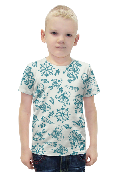 Заказать детскую футболку в Москве. Футболка с полной запечаткой для мальчиков Морские глубины от BeliySlon - готовые дизайны и нанесение принтов.