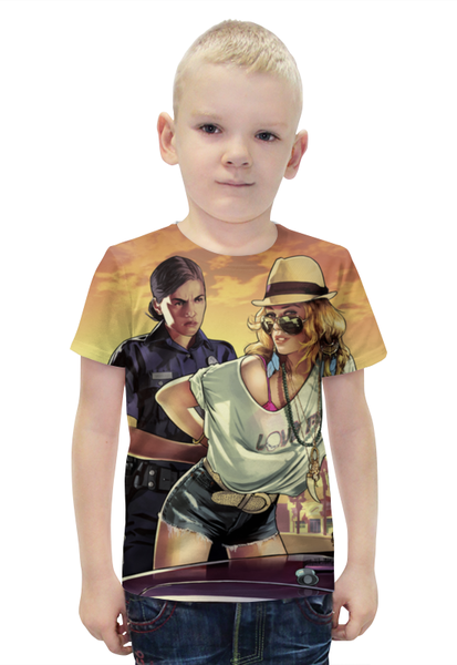 Заказать детскую футболку в Москве. Футболка с полной запечаткой для мальчиков GTA 5 от skynatural - готовые дизайны и нанесение принтов.