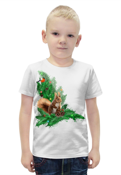 Заказать детскую футболку в Москве. Футболка с полной запечаткой для мальчиков Белочка с шишками на елке. от Zorgo-Art  - готовые дизайны и нанесение принтов.