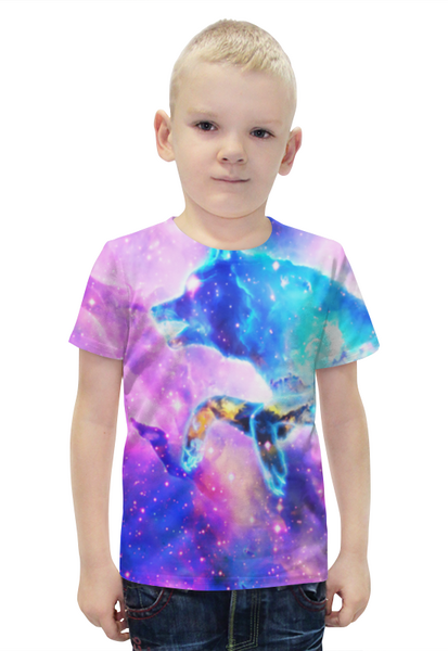 Заказать детскую футболку в Москве. Футболка с полной запечаткой для мальчиков Волк космос от  PRO_DESIGN - готовые дизайны и нанесение принтов.