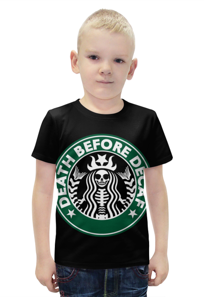 Заказать детскую футболку в Москве. Футболка с полной запечаткой для мальчиков Starbucks / Death Before Decaf от Leichenwagen - готовые дизайны и нанесение принтов.