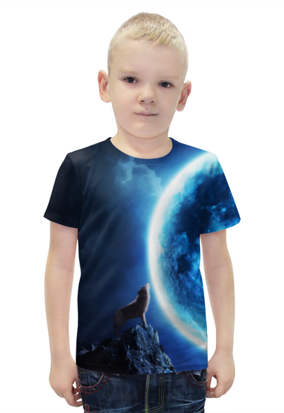 Заказать детскую футболку в Москве. Футболка с полной запечаткой для мальчиков Волк на Луну от  PRO_DESIGN - готовые дизайны и нанесение принтов.
