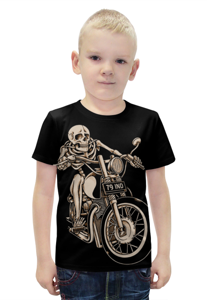 Заказать детскую футболку в Москве. Футболка с полной запечаткой для мальчиков Skeleton Biker от Leichenwagen - готовые дизайны и нанесение принтов.
