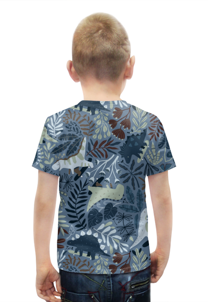 Заказать детскую футболку в Москве. Футболка с полной запечаткой для мальчиков Динозавры на скейтах среди тропических листьев от mishacatstore@yandex.ru - готовые дизайны и нанесение принтов.