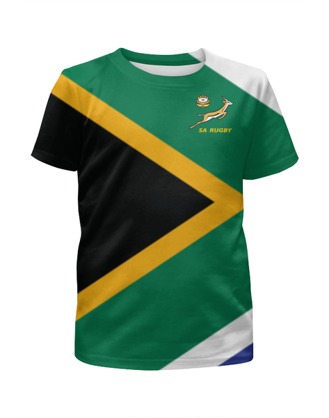Заказать детскую футболку в Москве. Футболка с полной запечаткой для мальчиков ЮАР регби от rugby - готовые дизайны и нанесение принтов.