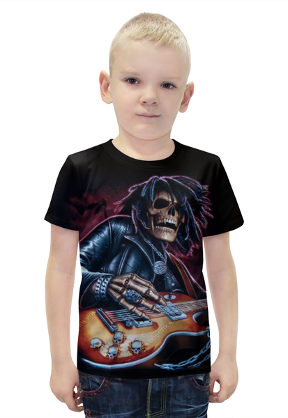 Заказать детскую футболку в Москве. Футболка с полной запечаткой для мальчиков Скелет с гитарой от Серега Шнайдер - готовые дизайны и нанесение принтов.