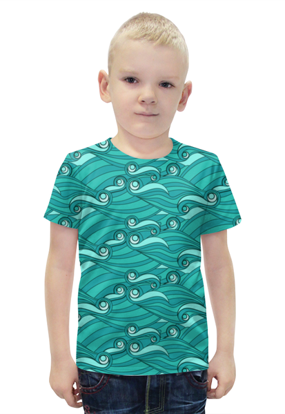 Заказать детскую футболку в Москве. Футболка с полной запечаткой для мальчиков Зелёные волны от BeliySlon - готовые дизайны и нанесение принтов.