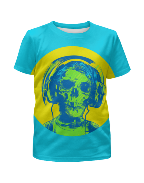 Заказать детскую футболку в Москве. Футболка с полной запечаткой для мальчиков I love music (череп в наушниках) от vphone - готовые дизайны и нанесение принтов.