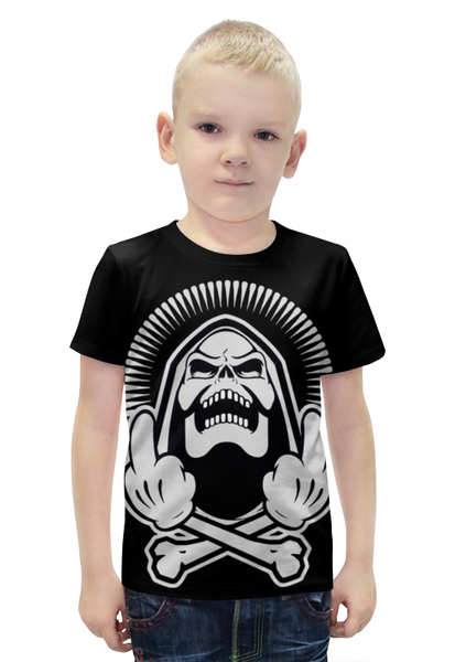 Заказать детскую футболку в Москве. Футболка с полной запечаткой для мальчиков Skeleton F*ck You от Leichenwagen - готовые дизайны и нанесение принтов.