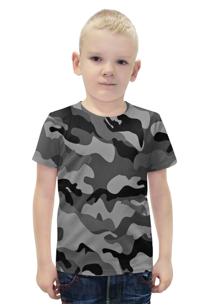 Заказать детскую футболку в Москве. Футболка с полной запечаткой для мальчиков Серо-Чёрный Камуфляж от armyshop - готовые дизайны и нанесение принтов.