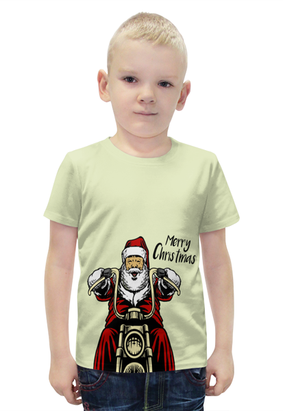 Заказать детскую футболку в Москве. Футболка с полной запечаткой для мальчиков Дед мороз на байке от denis01001 - готовые дизайны и нанесение принтов.
