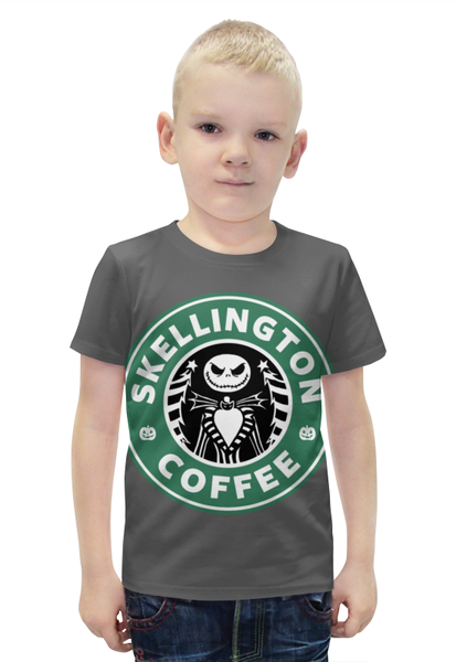 Заказать детскую футболку в Москве. Футболка с полной запечаткой для мальчиков Starbucks / Skellington coffee от Leichenwagen - готовые дизайны и нанесение принтов.
