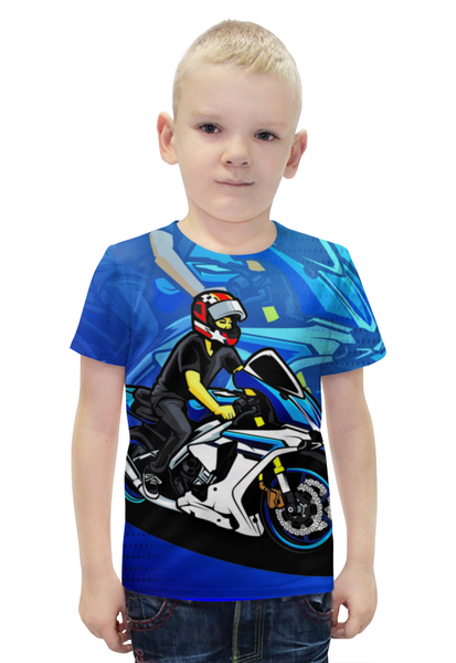 Заказать детскую футболку в Москве. Футболка с полной запечаткой для мальчиков Мотоциклист от ПРИНТЫ ПЕЧАТЬ  - готовые дизайны и нанесение принтов.