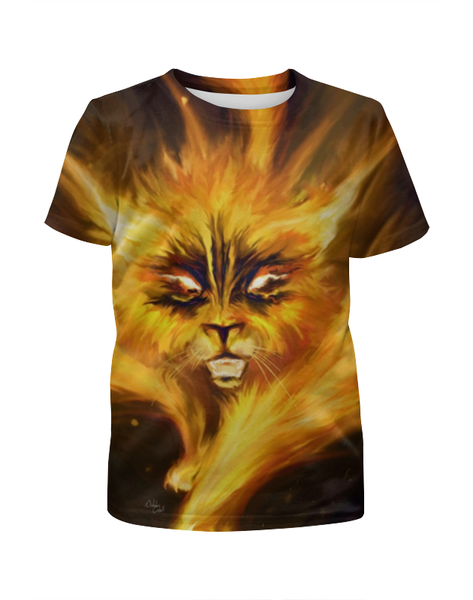 Заказать детскую футболку в Москве. Футболка с полной запечаткой для мальчиков огненный кот от sofia2003 - готовые дизайны и нанесение принтов.