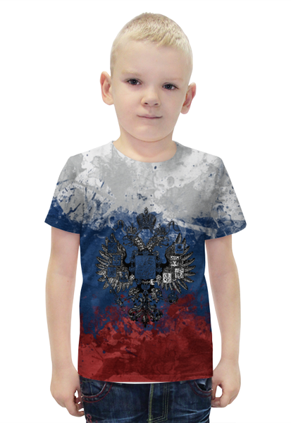 Заказать детскую футболку в Москве. Футболка с полной запечаткой для мальчиков триколор от Маверик - готовые дизайны и нанесение принтов.