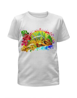 Заказать детскую футболку в Москве. Футболка с полной запечаткой для мальчиков Хамелеон с цветами в пятнах краски. от Zorgo-Art  - готовые дизайны и нанесение принтов.