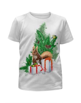 Заказать детскую футболку в Москве. Футболка с полной запечаткой для мальчиков Белочка с подарками под елкой. от Zorgo-Art  - готовые дизайны и нанесение принтов.