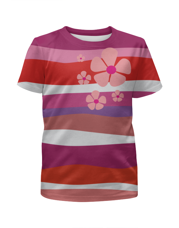 printio футболка с полной запечаткой для девочек красные волны Printio Футболка с полной запечаткой для девочек Красные волны с розовым цветком