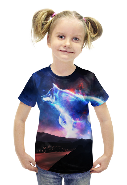Заказать детскую футболку в Москве. Футболка с полной запечаткой для девочек Волк в Космосе от  PRO_DESIGN - готовые дизайны и нанесение принтов.