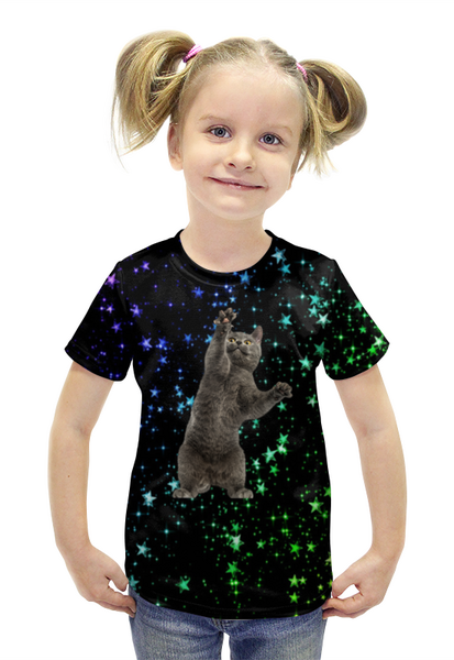 Заказать детскую футболку в Москве. Футболка с полной запечаткой для девочек  Кот и звезды от THE_NISE  - готовые дизайны и нанесение принтов.