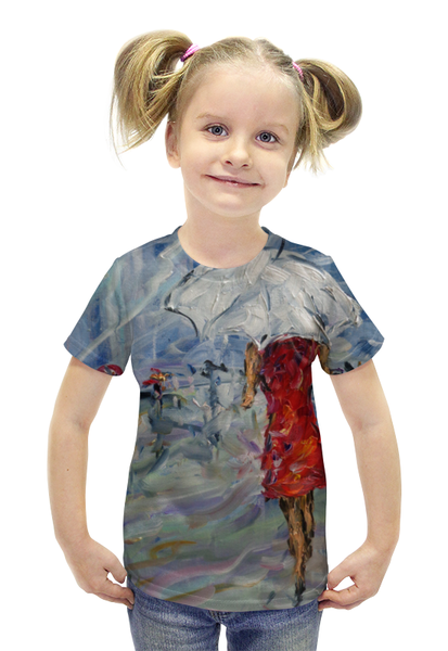 Заказать детскую футболку в Москве. Футболка с полной запечаткой для девочек Девушка в красном от rikart - готовые дизайны и нанесение принтов.