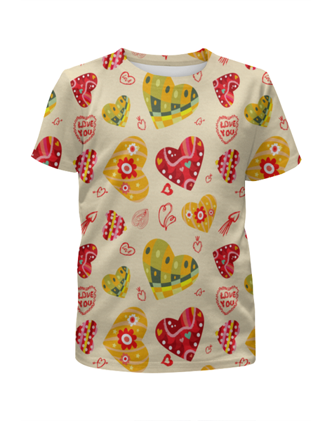 Заказать детскую футболку в Москве. Футболка с полной запечаткой для девочек Сердечки цветные от THE_NISE  - готовые дизайны и нанесение принтов.